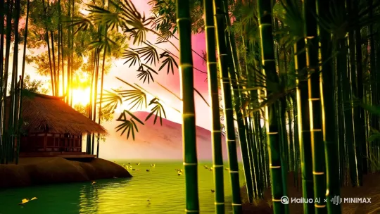 慢镜头下的竹林沐浴在午后阳光下，金色光线 穿过摇曳的竹叶。一间茅顶竹屋依偎在蜿蜒的碧绿河流旁， 水面漂浮着零落竹叶。微风吹拂竹枝轻晃，两只白鹤掠过粉 橘色云层。远处水墨山峦泛起薄雾，柔焦处理搭配体积光[跟随]效 by Hailuo AI Video Generator
