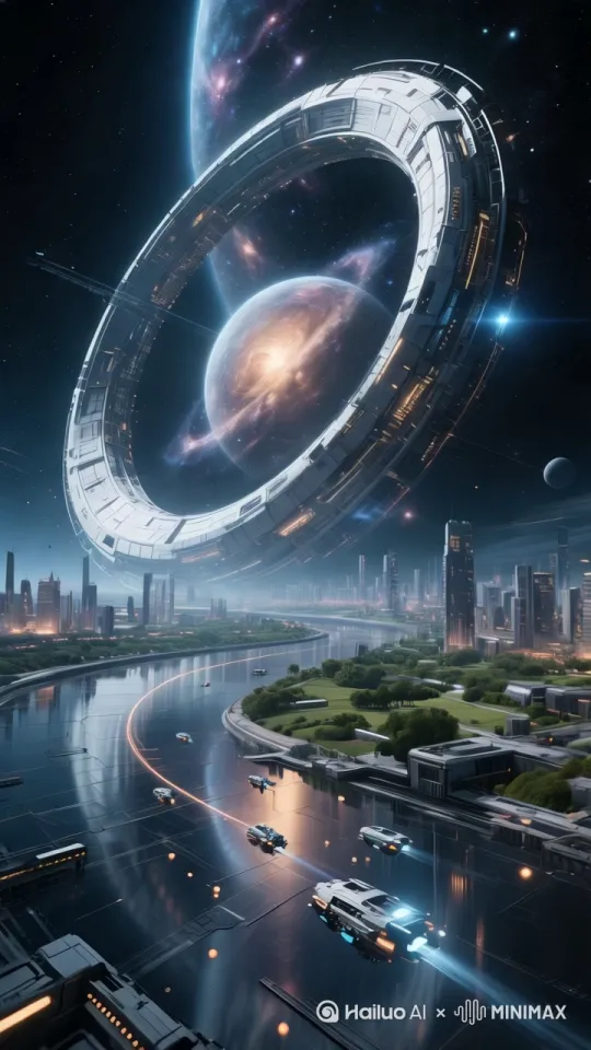环绕恒星的巨型人造环形结构横贯星空，巨型环形结构缓缓转动，环面覆盖未来城市带与生态区域，璀璨银河倒映在金属地表，微型飞船如光点穿梭轨道，星云粒子在环隙间流动，赛博朋克机械细节混合太空歌剧史诗感，冷调宇宙光与暖调城市光交织，16K全景深太空摄影风格 by Hailuo AI Video Generator