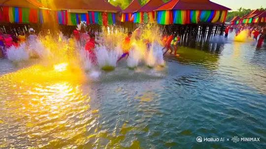 【泼水节狂欢指南 | 今年玩水不"拖"后腿！💦】

这个四月
我们把阳光酿成祝福的浪花
将蝉鸣谱成欢乐的节奏
今年泼水节3.0升级版
✅水枪弹药无限续杯
✅防水手机套人手标配
✅最最重要的是——
特制防滑战靴已就位！
（再也不用满场捞拖鞋啦👟）

从黎明到黄昏
让晶莹的水珠亲吻发梢
让欢腾的水花漫过脚踝
傣家竹楼垂下彩虹帘幕
每个人的笑眼都盛着粼粼波光

✨今年大胆泼
放肆跳
就算湿成"落汤鸡"
也要做全场最靓的崽！
（反正回家有干爽拖鞋等着你😉） by Hailuo AI Video Generator