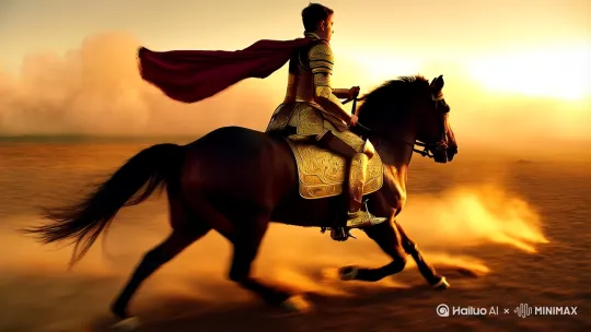 Epic cinematic scene of a valiant young warrior clad in intricately engraved golden armor, galloping fiercely on a muscular warhorse across a smoke-filled ancient battlefield at sunset. Dynamic motion blur captures the intensity of movement, with wind whipping his crimson cape and the horse's flowing mane. Dramatic volumetric lighting highlights metallic reflections on the armor, rendered in hyper-realistic 8k detail with Renaissance painting aesthetics, flying sand particles illuminated by golden hour rays." by Hailuo AI Video Generator