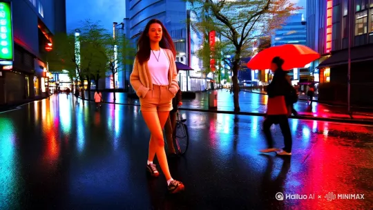 街头艺人 + 夜晚 + 霓虹灯 + 下雨 + 路人撑伞经过 + 电影感 + 超现实色彩 + 城市的孤独感
身着米色针织开衫与白色衬衫的年轻女性将手轻插浅棕短裤口袋，步伐轻盈地穿过光影斑驳的日式街道，栗色长发在微风中自然飘动，颈间银质项链随步伐微微晃动，阳光透过摇曳的树梢在她身上投下流动的光斑，背景里现代建筑与枫树交错，湿润的柏油路倒映着蓝天白云，镜头平稳跟随展现午后慵懒的都市漫步。现代风美女，身材火爆，视频格式9：16 by Hailuo AI Video Generator