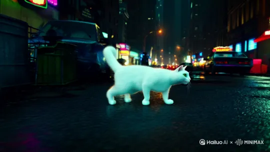 一只白猫在黑夜里的脏乱城市里奔跑 by Hailuo AI Video Generator