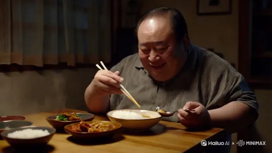 一个掉了门牙的中年胖男人在吃饭，嘴里还吧唧声。左手拿筷子，右手拿勺子。面前桌子上摆着4盘菜，一碗饭。 by Hailuo AI Video Generator