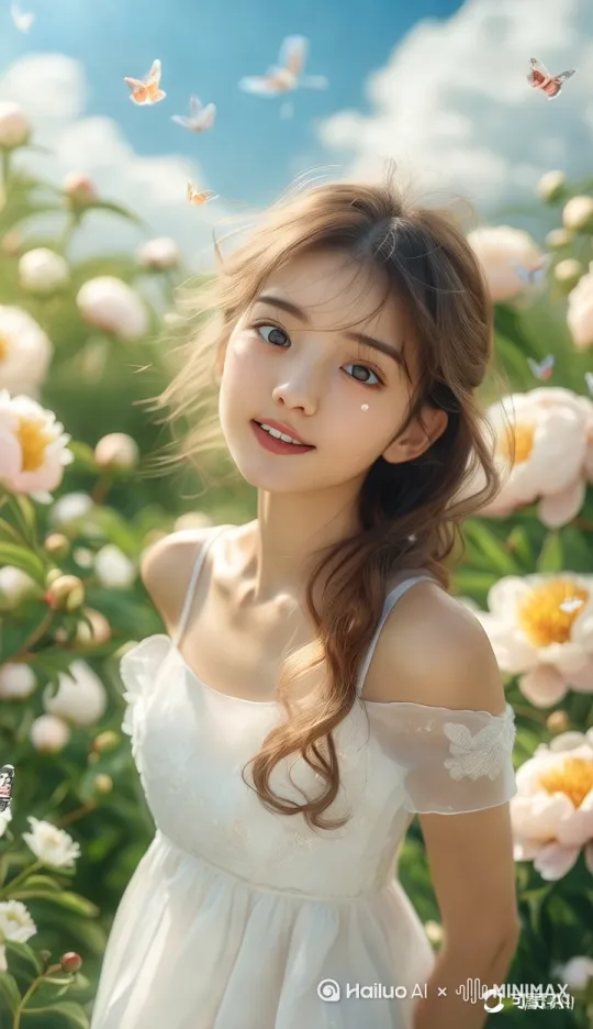 蝴蝶飞起来 微风吹拂着头发 啊！女孩笑起来，笑容明媚 by Hailuo AI Video Generator