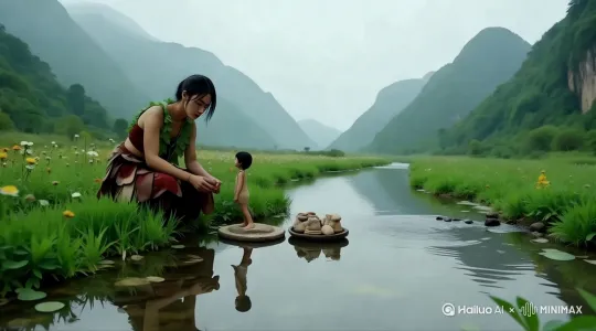 女娲向捏成的泥人吹了一口气 ，泥人瞬间变成一个可爱的小男孩，小男孩看着女娲，满脸的感激，[右移,左摇,跟随] 美感氛围变化 by Hailuo AI Video Generator