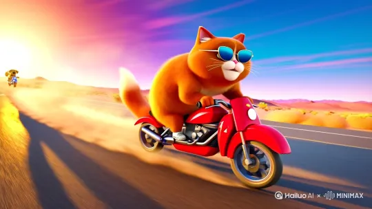 "一只胖橘猫戴墨镜骑红色迷你摩托飙车,压弯姿势专业;旁边金毛吐舌憨笑,骑着蓝色摩托并驾齐驱。轮胎扬起尘土,毛发被风吹乱,背景夕阳下的沙漠公路。漫画风格,高饱和色彩,鱼眼透视增强速度感,动态构图,欢乐刺激的竞速场景 by Hailuo AI Video Generator