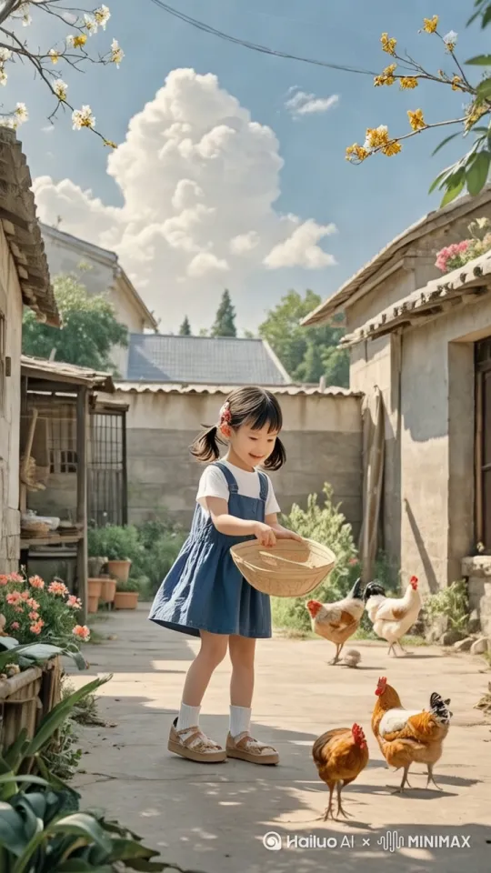 小女孩在喂鸡，突然扔掉簸箕，飞了起来，飞到了屋顶上，就像武侠小说里的大侠那样轻功，很厉害，荒诞风格，写实主义。[推进,上升] by Hailuo AI Video Generator