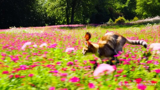 左环移一只猫在开满花的草皮上抓蝴蝶 by Hailuo AI Video Generator