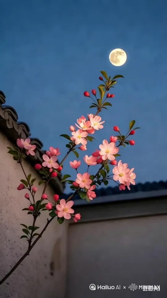 光晕效果：给花朵和月亮添加柔和光晕，模拟月光洒在花瓣上的梦幻感，提升画面氛围感。
 
光影变幻：让光线随着视频节奏闪烁、渐变，如月光亮度和色温变化，配合花朵明暗交替，增添神秘诗意。
 
粒子特效
 
花瓣飘落：添加花瓣飘落粒子特效，营造唯美浪漫氛围，契合花朵主题。
 
星光闪烁：在夜空部分散布闪烁星光粒子，丰富夜空层次，与明亮月亮和花朵相衬。
 
动态模糊特效
 
微风轻拂：给花枝添加轻微动态模糊，模拟微风吹动花枝的自然动态，让画面更灵动鲜活。[右移,左摇,跟随] by Hailuo AI Video Generator