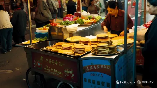 镜头慢慢聚焦到一个角落，那里有一个煎饼摊，[左移,跟随]流浪汉站在摊前，眼神中透露出饥饿与无助。 by Hailuo AI Video Generator