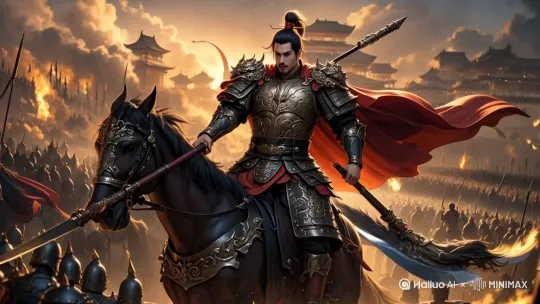 男战将[左移,推进,右摇]，挥舞手中长枪，高举长枪，[左移,右摇,跟随]，披风飘扬，带领千军万马，气势恢宏。镜头跟着男将。[左移,上升]直到镜头从后面拍摄，[下降,上摇]，两边士兵立即散开让路，骑马飞奔冲向战场 by Hailuo AI Video Generator
