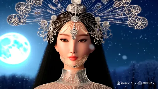 古风女子，倾国倾城，华丽的头饰，月亮，黑发，下雪，新三维古风，正面特写，近景拍摄，她的身影仿佛由无数光点凝聚而成，散发着柔和的光芒，有着镂空的银丝图案[左摇,变焦推进] by Hailuo AI Video Generator