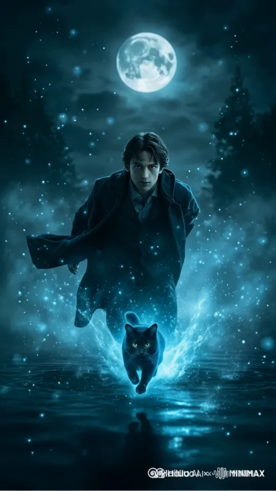 黑猫一边奔跑一边发出淡蓝色光芒，黑猫逐渐变得透明，男人逐渐清晰起来，最后黑猫完全消失掉 by Hailuo AI Video Generator