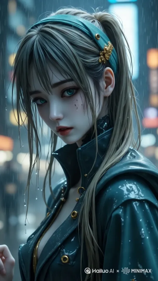 大暴雨，人物头发和身上有大颗雨珠落下 by Hailuo AI Video Generator