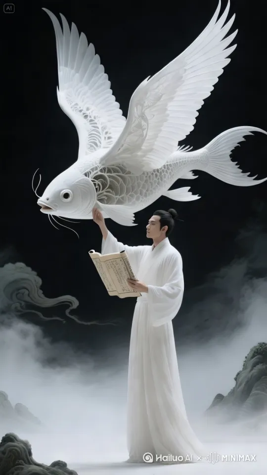 飞鱼缓慢游动，男子慢慢触摸鱼神，[推进] by Hailuo AI Video Generator