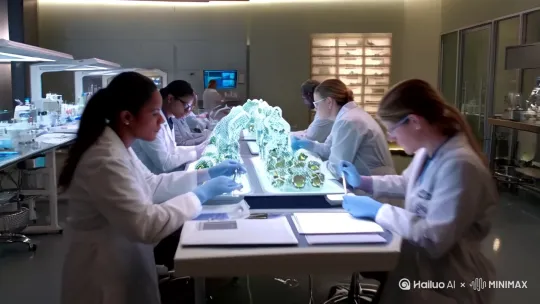 生成一个视频,展示科学家在实验室中使用AI工具进行研究的场景,如蛋白质结构的3D模型在屏幕上快速生成。画面中出现时间加速的特效,象征AI带来的效率提升。最后展示AI在其他科学领域的应用,如天文学、化学等。 by Hailuo AI Video Generator