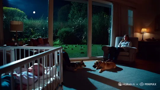 寂静的夜晚，只有园子里的青蛙呱呱叫着，娃儿睡了，孩子他爸也睡了，狗儿都睡着了，只有我坐在落地窗前发着呆 by Hailuo AI Video Generator