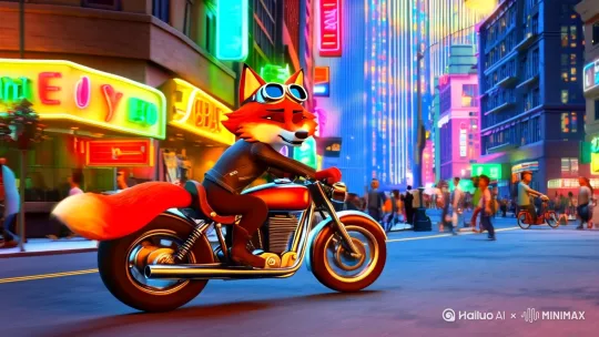一只火红色的狐狸，在车水马龙的街道上骑着摩托车穿梭 by Hailuo AI Video Generator