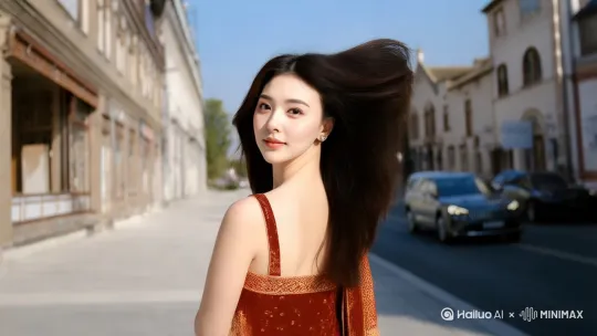 8K高清，凭借大师级构图，漂亮优雅的中国美女走在街头，阳光明媚，长发飘飘，面带微笑转身，露出肩膀，画面主体动态呈现，动作自然流畅，环境光，符合逻辑，极致细节，镜头跟拍，超真实动态捕捉。 by Hailuo AI Video Generator