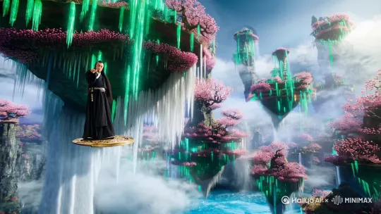 以下是为您设计的10秒仙侠切磋视频提示词，结合修真元素与视觉张力：

画面描述：
[全景镜头]悬浮仙岛云雾缭绕，翡翠色灵气如绸带环绕嶙峋奇峰，千年桃树绽开荧光花瓣飘落，瀑布从倒悬山崖坠入虚空银河

[中景]玄衣师兄（元婴中期）脚踏八卦阵凌空而立，墨色长发随灵压翻飞，左手掐剑诀唤醒九霄雷纹剑，紫色电芒在鎏金剑鞘中隐隐躁动

[特写]素纱师妹（元婴初期）轻笑后撤步，足尖点出冰晶涟漪，腰间摄魂铃无风自响，右手霜月环划出寒雾轨迹，发间碧玉簪迸发青色护体罡气

动态设计：
0-3s：双方法器首次碰撞产生环形冲击波，震碎空中悬浮的钟乳石柱，碎片在慢镜头中折射虹光
4-6s：师兄剑阵分化三十六道残影组成囚龙阵，师妹化出三道冰镜分身结印反击
7-9s：地面灵泉被灵力牵引形成水龙卷，两人在激流中近身过招，剑环相击迸发金色道纹
10s：收势时相视而笑，飘落的花瓣在两人之间凝成太极图案缓缓消散

特效细节：
- 每次法器碰撞产生《山海经》符文状能量波纹
- 灵力残留形成半透明仙鹤残影
- 背景若隐若现的渡劫期大能观战虚影
- 衣袖飘动符合真空流体力学模拟

运镜建议：
1. 开场360度螺旋上升鸟瞰镜头
2. 兵器交接时0.5倍速子弹时间
3. 分身战使用分屏镜像运镜
4. 收招时第一人称视角旋转拉远

可增加道教手印细节或本命法宝的特写镜头，需要调整任何元素请随时告知。 by Hailuo AI Video Generator