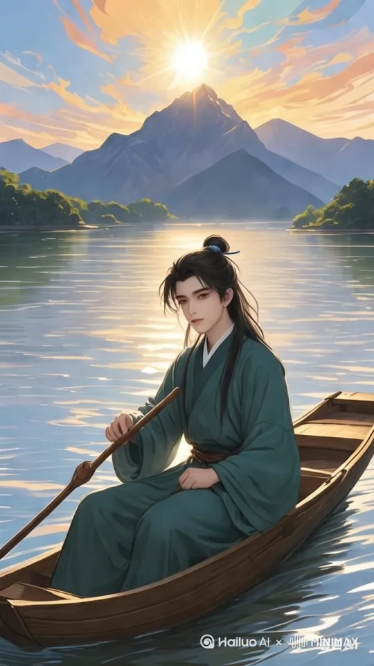 美少年吹起了长笛，小船在江中缓缓前行，美少年的头发的长袍在风的吹动下，飘扬了起来。 by Hailuo AI Video Generator