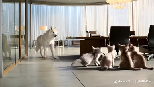 一个哈士奇穿着白色西装去公司面试一群小猫 by Hailuo AI Video Generator