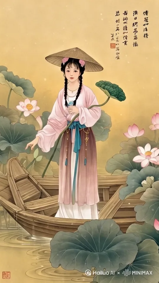 莲花仙子乘着小船缓慢从荷花丛中经过，荷花仙子唱着动人婉转的春之歌。镜头跟随。[左移,右摇,跟随] by Hailuo AI Video Generator