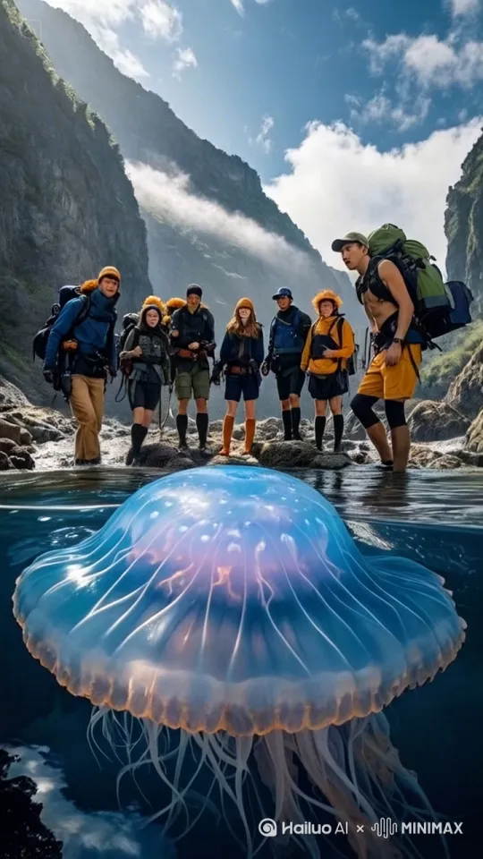 镜头移动，动态跟随。全景：直径超百米的水潭现于眼前，潭水幽蓝深邃。众人围聚，面露惊讶。
 特写切：水潭中，巨大狮鬃水母色彩斑斓，触须轻摆，如梦幻之舞。
 近景续：年轻人对视后，有序跳上狮鬃水母背部，有的谨慎，有的急切。
 全景高潮：狮鬃水母破水冲天，云雾激烈翻滚，年轻人在其背上欢呼雀跃，兴奋挥舞手臂。
 结尾全景：狮鬃水母载着众人越飞越高，身影渐远，消失于天际，云雾慢慢平复，画面渐暗 。 by Hailuo AI Video Generator