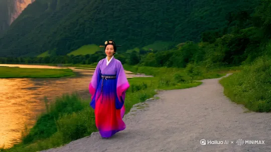 一一个美女穿着汉服游山玩水嗯 by Hailuo AI Video Generator
