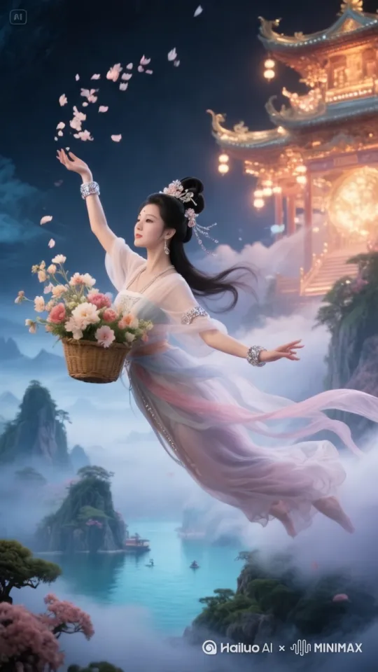 [右移,左摇,跟随]如梦如仙，真实天宫灯光，8K，手臂上带着镶钻手镯。背景天宫，天宫嫦娥衣服，灯光璀璨，天宫中还出现了许多美丽的自然景观，如瑶池，蓬莱仙岛等迷雾模式透漏这景色，真实真人感，写真集，全身全景，细节清晰， by Hailuo AI Video Generator