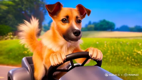 一只小狗在开车，遇见一群公鸡在开车，双方都吓一跳[左摇] by Hailuo AI Video Generator