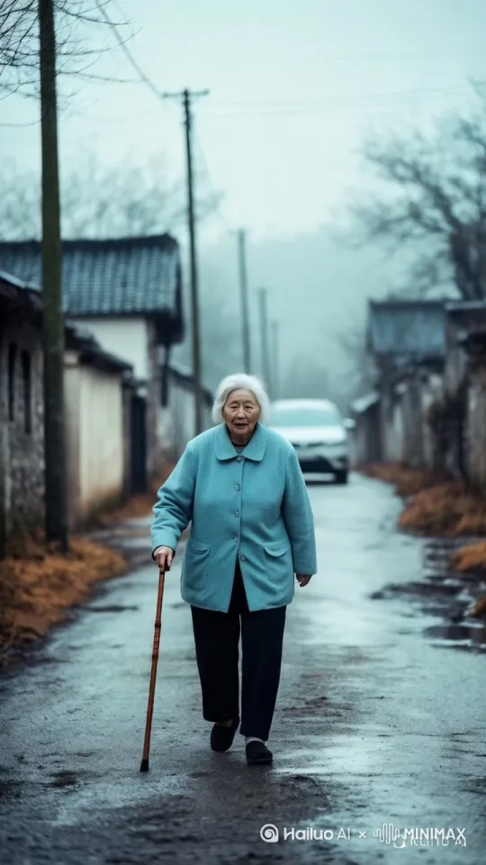 移动镜头跟踪拍摄，大妈正走在路上，身后的轿车快速驶来，就在轿车快撞上大妈时，大妈突然拐棍撑地，身体腾空而起托马斯回旋，躲过轿车！ by Hailuo AI Video Generator
