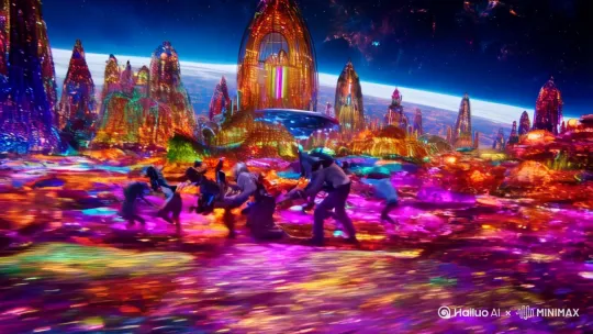 人类大战外星人[左移,上升]，人类最终失败，[下降,上摇]逃往另一个星系安全生存[推出,上升,下摇] by Hailuo AI Video Generator