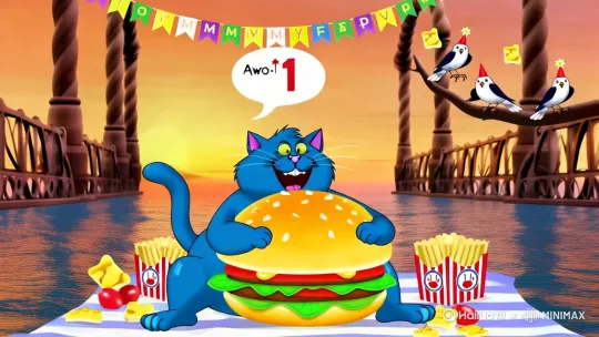 以下是一份关于「蓝色胖胖卡通猫大桥周年庆」的欢乐场景描述，附视觉化建议供参考：

---

**画面构图：**
1. **主角设定**  
   - 一只圆润的钴蓝色卡通猫，肚子鼓鼓的。  
   - 眼睛呈星星状，全身浑然胖胖蓝色，尾巴因为开心翘成波浪形。

2. **场景细节**  
   - **背景**：黄昏中的钢铁大桥，桥墩被画成巧克力棒造型（增添趣味），水面反射暖橙色光斑。  
   - **动作**：可爱的胖胖猫咪盘腿坐在野餐垫上，双爪举着巨型汉堡（配料夸张溢出），汉堡上插着一个一岁生日装饰，嘴巴张大准备咬下。  
   - **彩蛋**：  
     - 垫子旁散落气球（数字"1"形状）、吃空的薯条盒（印着猫爪LOGO）。  
     - 桥洞挂横幅："喵生巅峰365天！"  

3. **动态元素**  
   - 汉堡上的芝士片飘出音符符号，头顶有气泡对话框："嗷呜~蟹黄堡配鱼条~♪"。  
   - 三只麻雀围观合唱，其中一只戴着生日帽。

---

**风格参考：**  
- 色彩：主色调用蓝黄对比色（猫vs汉堡），背景降低饱和度突出角色。  
- 画风：可爱卡通粗线条+日式萌系光泽处理（如猫咪耳朵高光）。  

如果需要更具体的分镜或配色方案，可以告诉我用途（如壁纸/插画），我会继续补充细节！ 🍔🎂 by Hailuo AI Video Generator