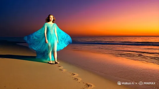 "young woman walking on sunset beach, ethereal beauty, her dress dynamically crafted from swirling ocean waves, semi-transparent aqua-blue fabric mimicking liquid motion, sunlight refracting through water-like textile, golden hour glow, barefoot on wet sand, wind-blown hair, serene expression, cinematic atmosphere, fantasy realism, detailed wave patterns on dress resembling seafoam and currents, horizon line with gradient dusk sky (deep oranges to purples), shallow tide reflecting colors, HDR lighting, art by Alphonse Mucha and Loish fusion style, 8k resolution" by Hailuo AI Video Generator