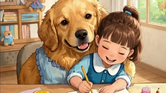 全金毛，小女孩做完作业，水果拼盘，小女孩，吃，小狗开心的笑了 by Hailuo AI Video Generator