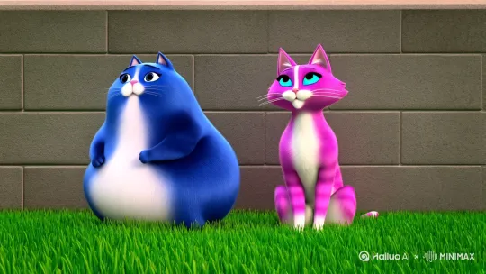一只蓝色的胖猫和粉色的美丽猫躺在草坪上, 指着天空说着美事。中间有一堵水泥砖的墙把他们隔离开。蓝色的胖猫在左边,中间是一堵水泥砖的墙,右边,而是美丽的粉色猫。蓝色的胖猫胖胖的,肚子是白的,有小胖手和小胖脚。粉色的美丽猫,瘦瘦的,非常美丽,有睫毛。 by Hailuo AI Video Generator