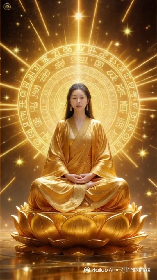 [固定镜头]美女两眼微闭，背后的圆盘固定转动，大小不变。头顶的光芒向正上方射出，有动感。圆形金色光芒开始动态扩散。光线如金色利箭从中心射出，笔直地向四周延伸。边缘的光晕似流动的金液，从浓烈金色缓缓过渡到淡雅金黄。光芒闪耀，带来强烈的神圣与震撼之感，仿佛佛光正普照着世间。比例 9:16。 by Hailuo AI Video Generator