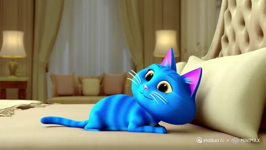 蓝色的胖猫（卡通）躺在床上，旁边一个人喂他吃饭，胖猫很悠闲的样子 by Hailuo AI Video Generator