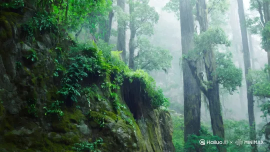 一处茂密山林的一角，有一个处在半山腰间不大的洞穴。
一场雨水过后，森林难得安静了不少。
一个毛茸茸的脑袋，小心翼翼的从洞穴中探出来，乌溜溜的眼睛迅速环视了一下四周。 by Hailuo AI Video Generator