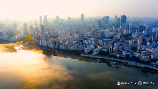 清晨，阳光穿过薄雾，照进杭州这座城市，跟随无人机的镜头慢慢从钱塘江上空，再到杭州城市上空，再到西湖风景区上空，航拍镜头，展示这个城市的风貌，电影质感，高清风景纪录片。比例9：16高清 by Hailuo AI Video Generator