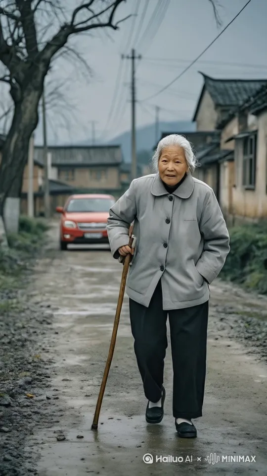 移动镜头跟踪拍摄，大妈正走在路上，身后的轿车快速驶来，就在轿车快撞上大妈时，大妈突然拐棍撑地，身体腾空而起托马斯回旋，躲过轿车！ by Hailuo AI Video Generator