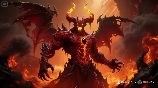 镜头左转，火焰在燃烧，恶魔愤怒在说话，保持整体形象不变。 by Hailuo AI Video Generator