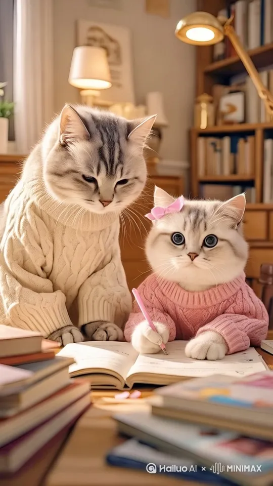 固定镜头，猫宝宝在认真的写作业，猫妈妈在旁边指着书上的字，对猫宝宝说话，辅导猫宝宝写作业。 by Hailuo AI Video Generator