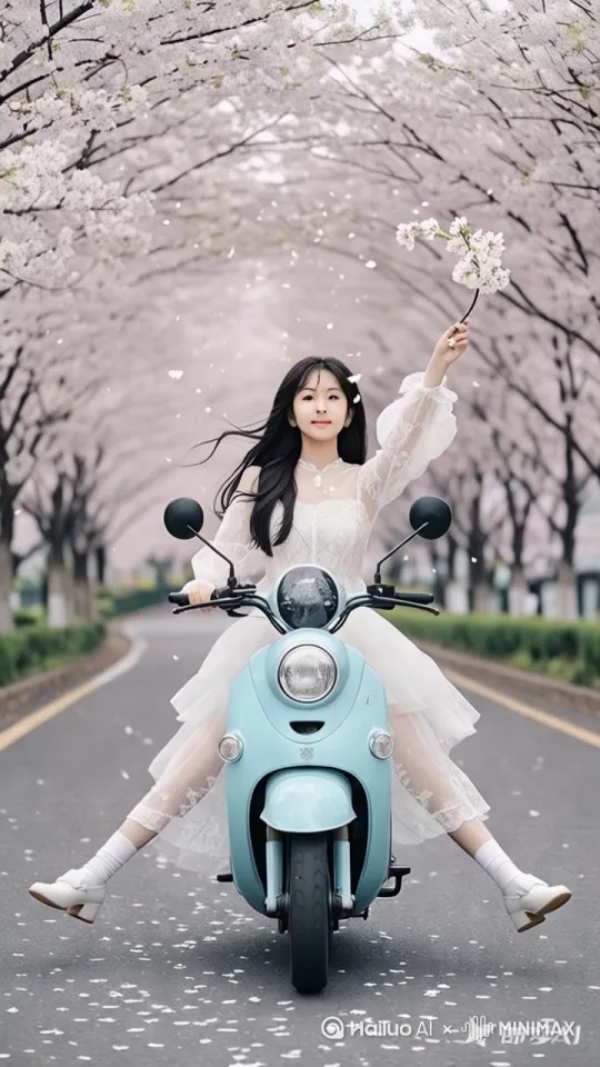宫崎骏风格 两侧粉色樱花花瓣飘落 青春少女穿纯白蕾丝纱裙，及腰黑发随风飘动[推进,上升] by Hailuo AI Video Generator