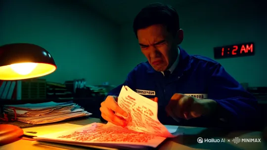 镜头1:身穿藏青色工装的安全员在深夜办公室伏案工作,台灯照亮他紧锁的眉头,手持隐患整改表的手指关节泛白,
聚焦表格上密密麻麻的红色批注,墙上的电子钟显示凌晨两点。
镜头2:安全员站在工厂管道交织的车间,双手合十面向管理人员,
视角展现他身后生锈的阀门和歪斜的安全警示牌,斑驳墙面上投影着跪地央求的剪影,在蒸汽中晕染出迷离光晕。
镜头3:特写三炷香插在简易佛龛前,安全员跪在褪色蒲团上合掌祈祷,透过铁窗栅栏切割他的侧脸,香炉青烟缭绕中隐约显出墙角的"安全生产365天"倒计时牌,镜头拉远展现整个荒诞而沉重的空间。 by Hailuo AI Video Generator
