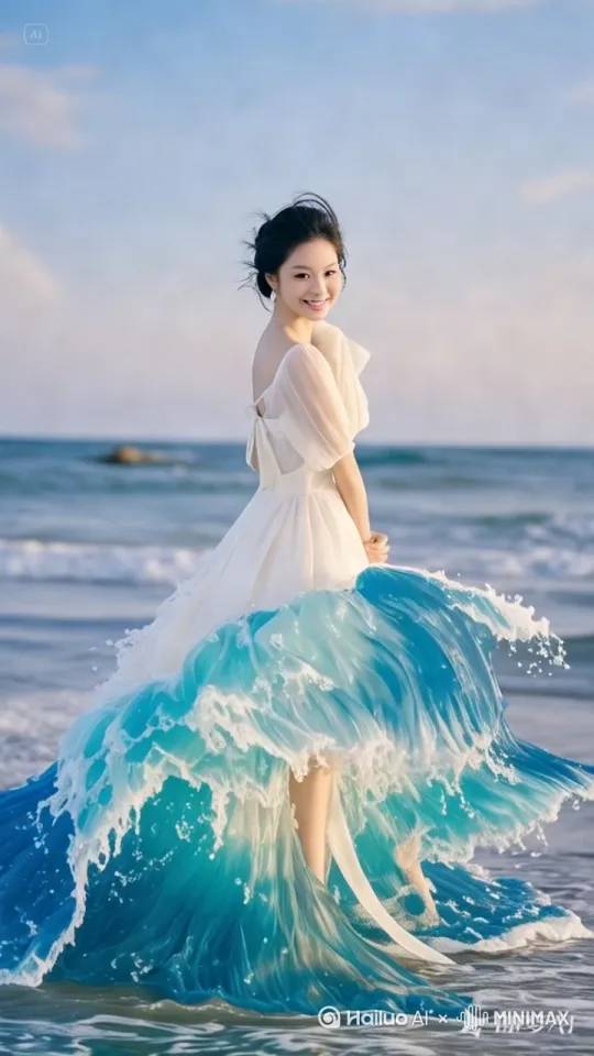 宫崎骏风格 海浪变成的裙摆跟随海浪起伏变换[固定镜头] by Hailuo AI Video Generator