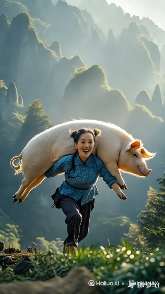 真实摄影,超细节,16K超清画质,中长焦镜头,200mm焦距,画面主体是一位身形健壮的大妈,正扛着一只膘肥体壮的大肥猪在空中从大山向田间飞越。大妈穿着具有年代感的粗布花衫,衣角随风飘动,裤子挽起露出结实的小腿,脚蹬一双沾满泥土的布鞋。头发用一条花色头巾裹着,几缕发丝飞扬,脸上带着坚定又豪迈的神情,额头的汗珠在阳光照耀下晶莹剔透。
所扛的大肥猪浑身圆滚滚,肥嘟嘟的身躯在空气中扭动,猪鬃毛硬挺,两只小眼睛瞪得溜圆,粉色的猪鼻喘着粗气。
大妈起飞处的大山层峦叠嶂,绿树成荫,山顶云雾缭绕。飞越途中,天空湛蓝如宝石,洁白的云朵如棉花糖般点缀其中。目的地的田间,翠绿的禾苗随风摇曳,田埂纵横交错。整个画面营造出一种充满奇幻与活力,从壮阔山川过渡到生机勃勃田园的奇妙氛围。 by Hailuo AI Video Generator