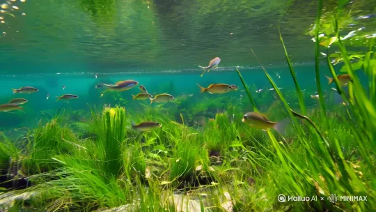 清澈的小溪里面，有水草有鱼类在里面游动，通过小鱼视角观察外部环境[跟随] by Hailuo AI Video Generator