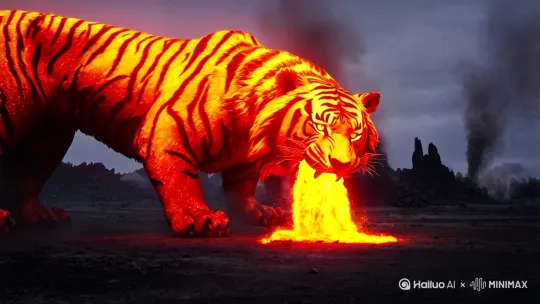 身体由岩浆构成的凶猛的巨大的老虎正在吃岩浆 by Hailuo AI Video Generator
